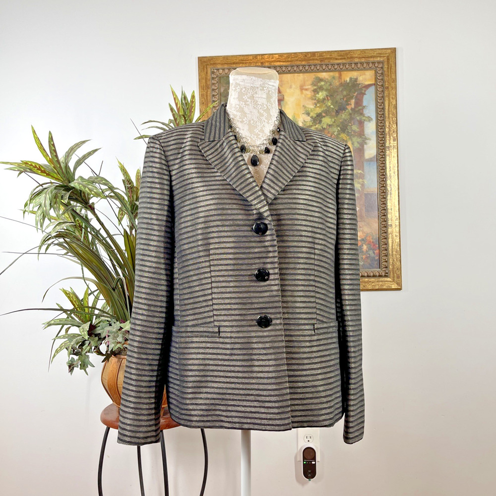 Le‎ Suit Women's Blazer Size 16 Black Gray Metallic Striped 3 Button Career